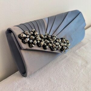 Elegant Lulu Townsend Gray Satin Clutch with Embellishments And Shoulder Chain